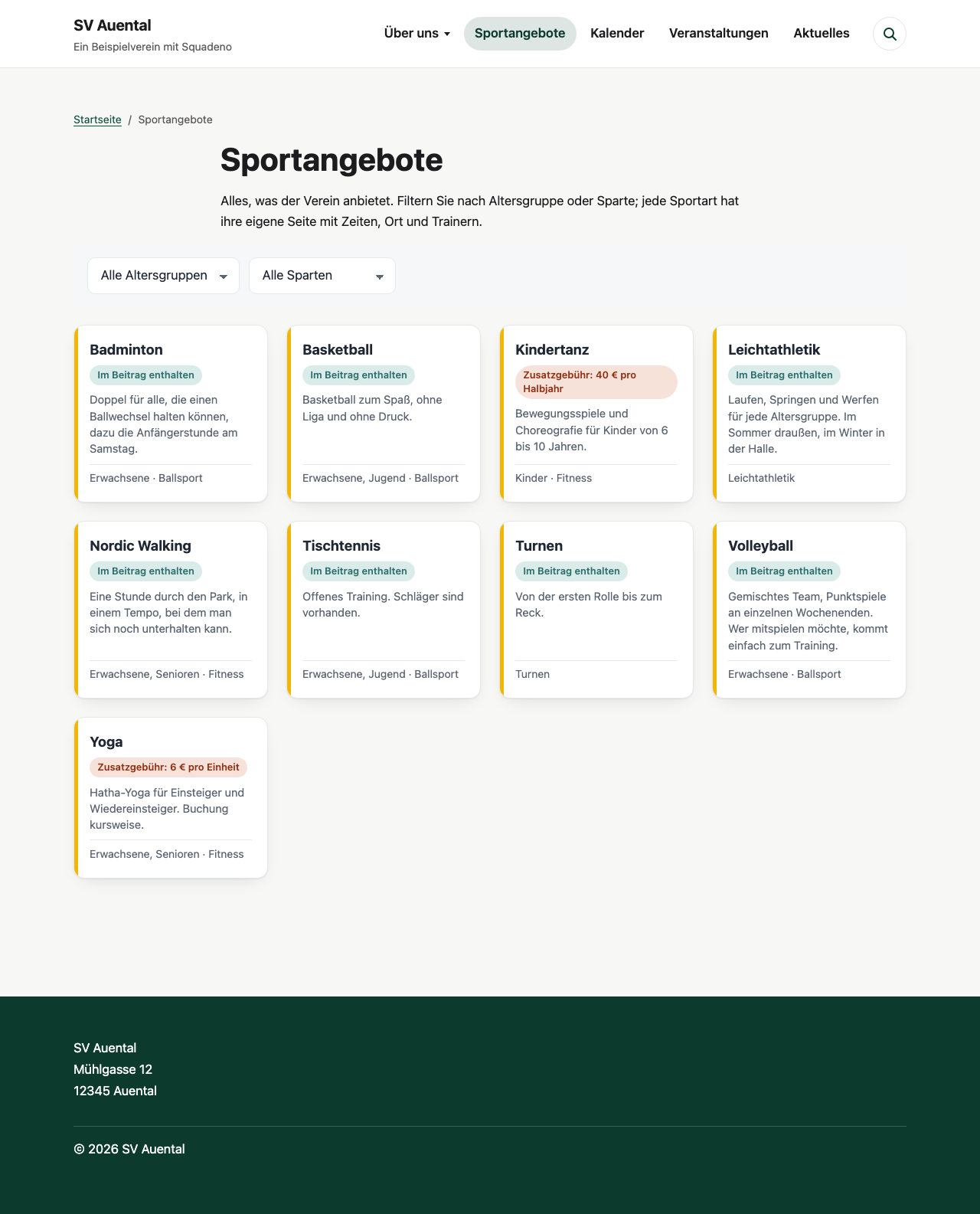 Alle Sportarten auf einen Blick, filterbar nach Altersgruppe und Abteilung.