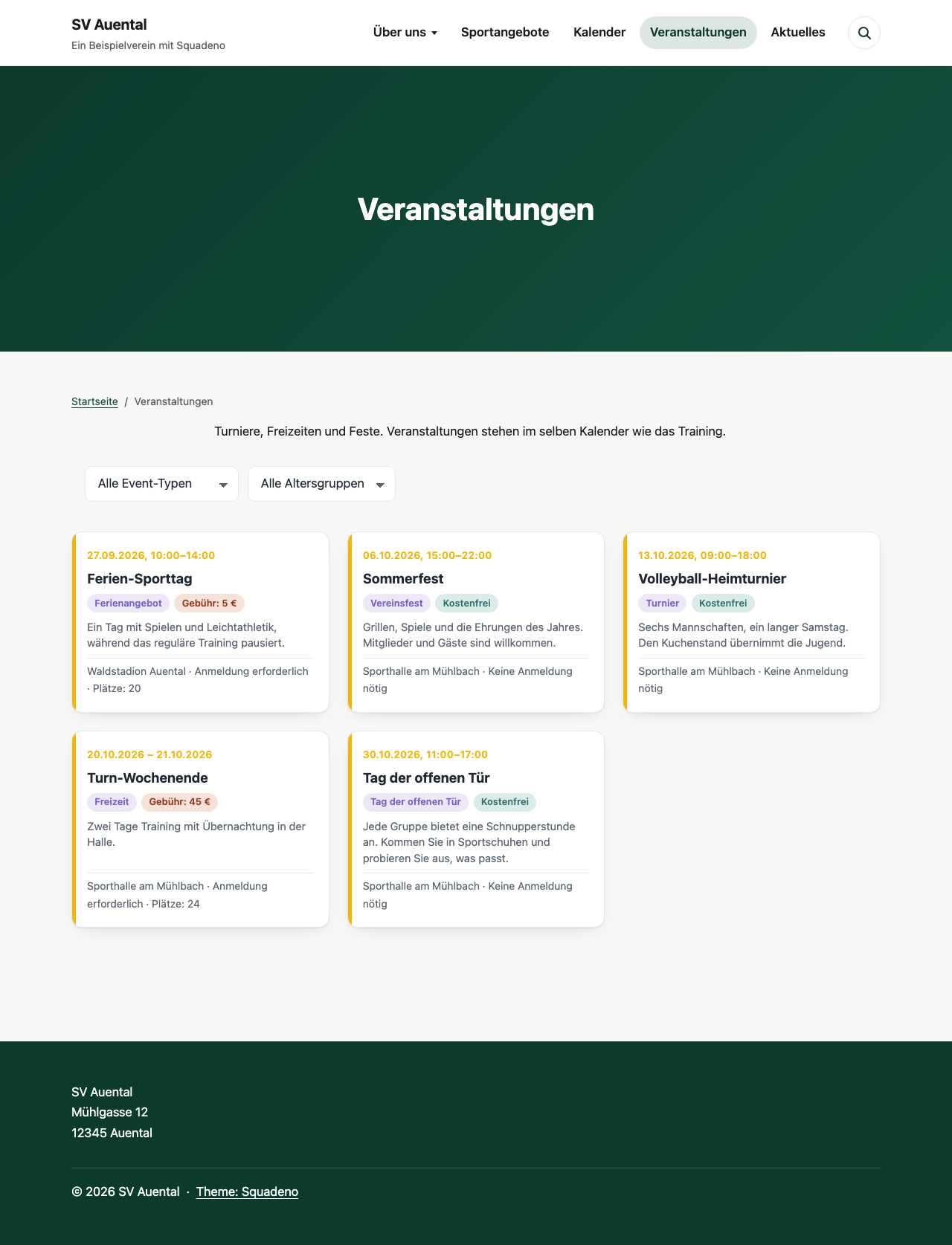 Die Veranstaltungen als eigene Seite, mit dem Datum über jeder und Filtern für Typ und Altersgruppe.