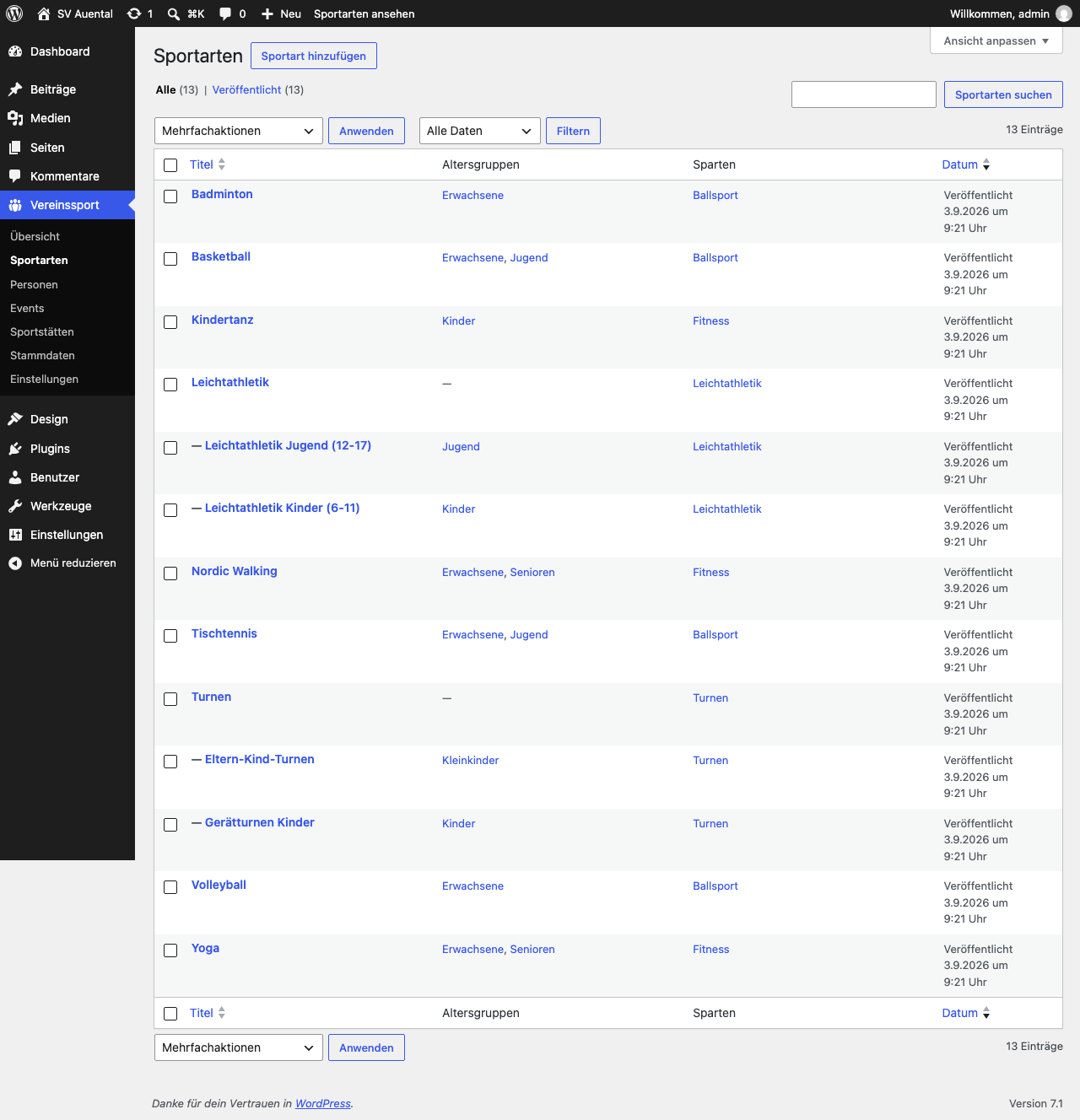 Alle Sportarten im Backend, mit ihren Untergruppen, Altersgruppen und Sparten.
