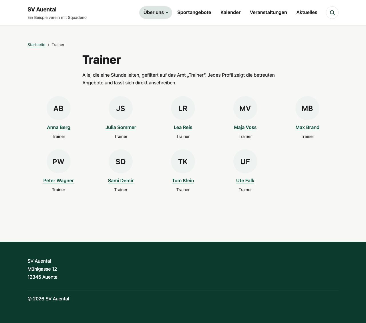 Die Trainer als eigene Seite, gefiltert auf das Amt „Trainer