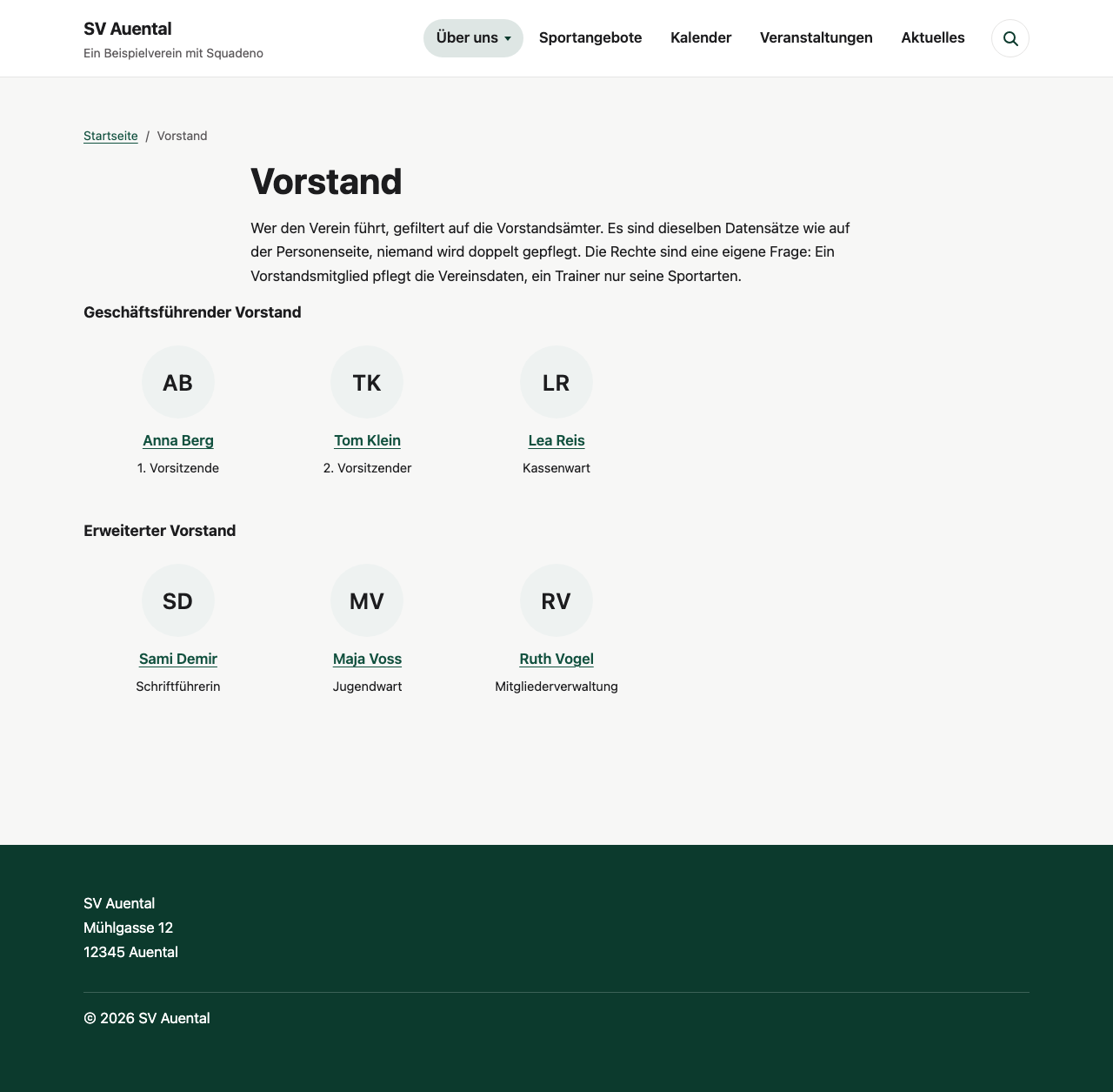 Der Vorstand als eigene Seite, gefiltert auf die Vorstandsämter und nach Gremium gruppiert. Es sind dieselben Datensätze wie bei den Trainern, niemand wird doppelt gepflegt.