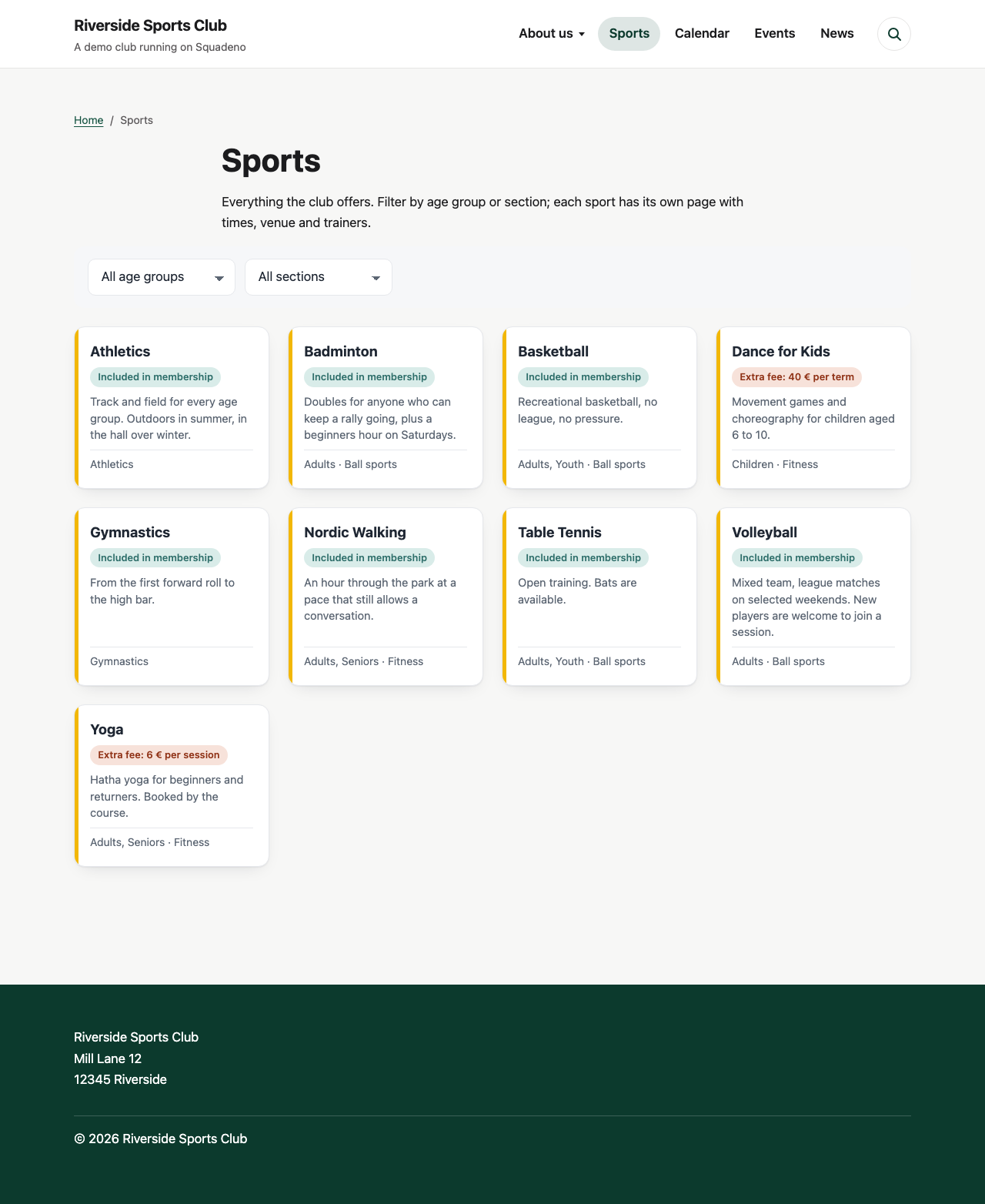 All sports at a glance, filterable by age group and section.