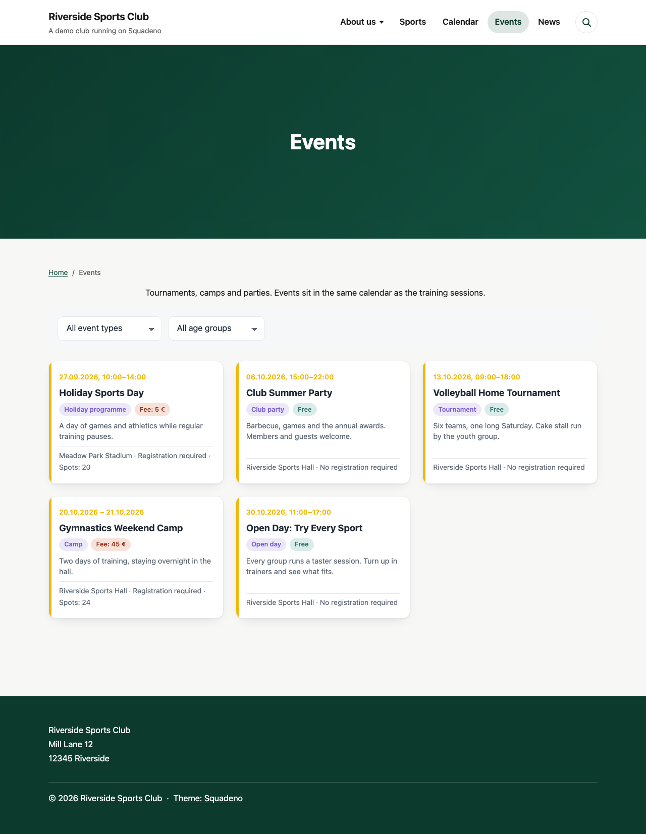 The events on a page of their own, with the date above each one and filters for event type and age group.