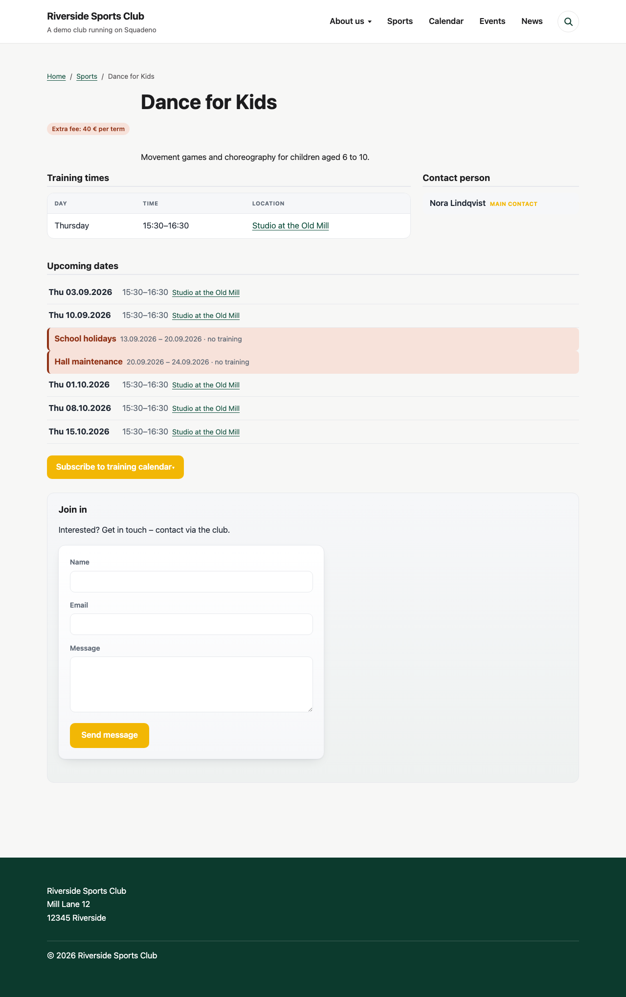 One sport: training times, contacts and the generated upcoming dates.