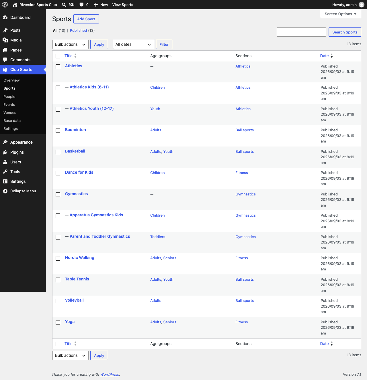 All sports in the admin area, with their sub-groups, age groups and sections.