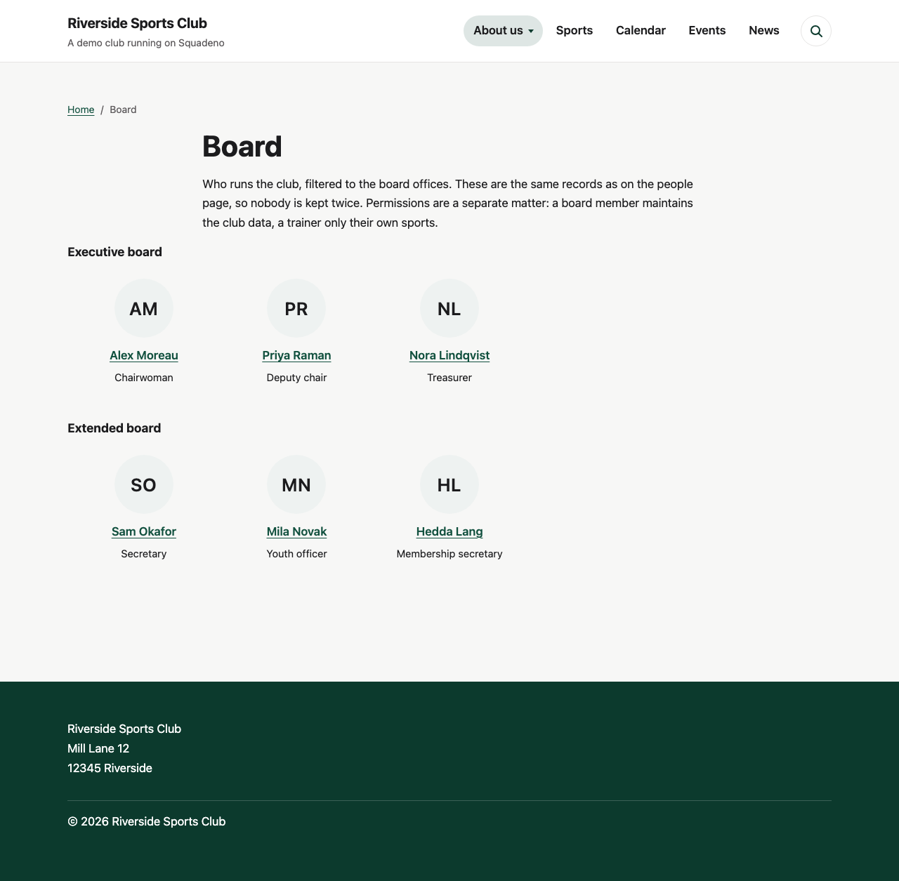 The board as its own page, filtered to the board offices and grouped by committee. These are the same records as the trainers, so nobody is kept twice.