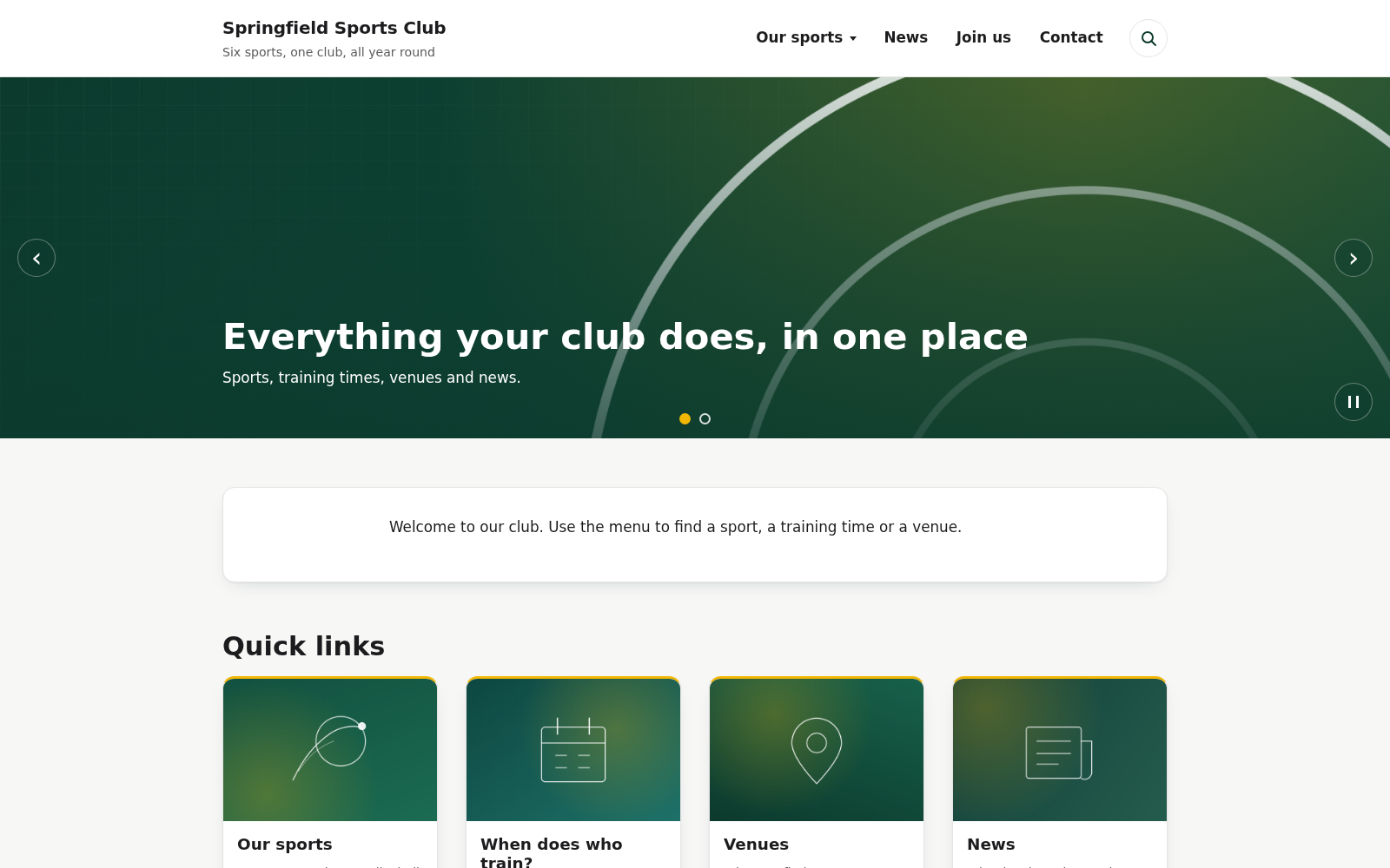 The front page: hero slider, intro, link tiles and the latest posts.