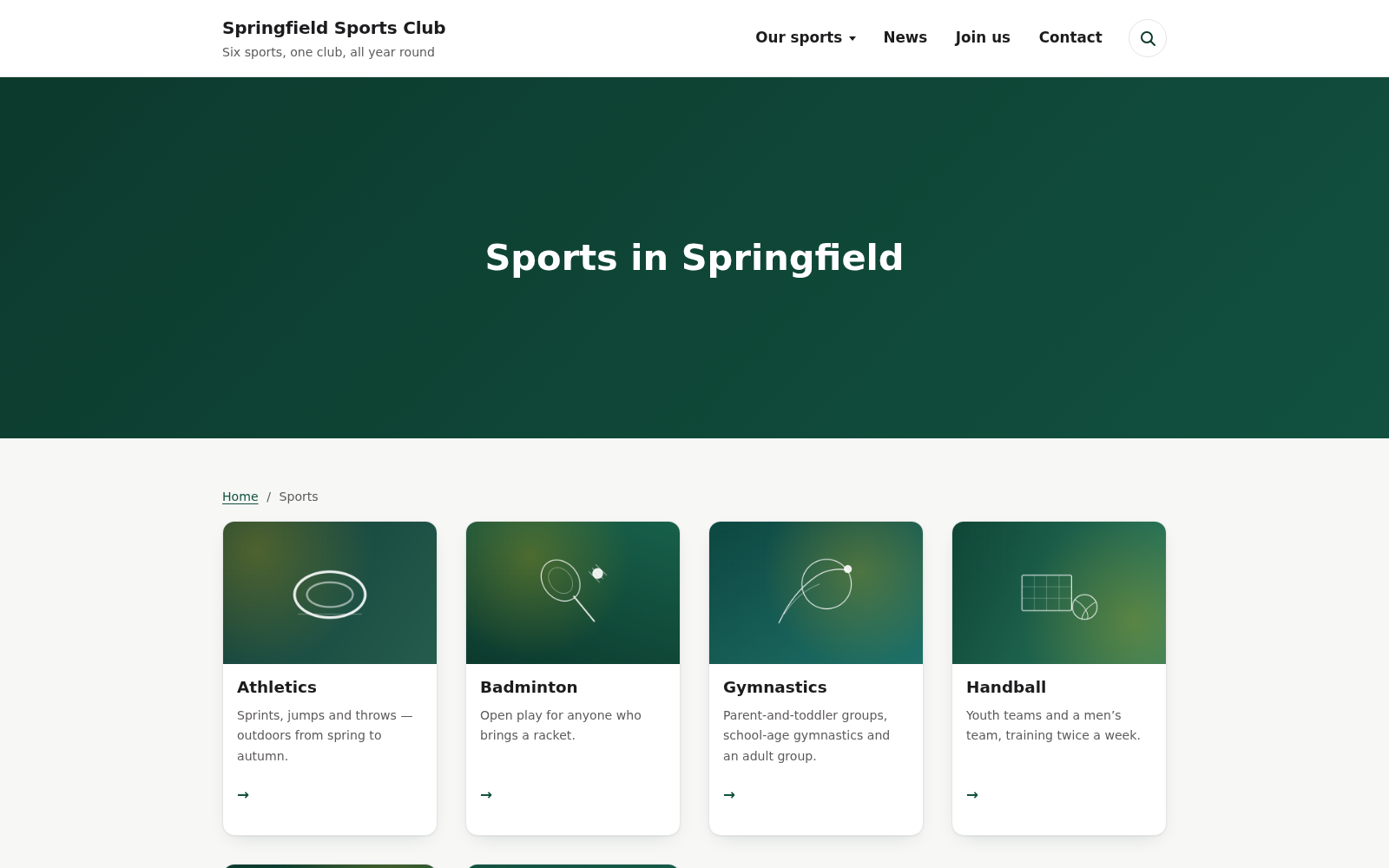 A section page. The heading takes the place name from the Customizer, so a search for a sport in your town has somewhere to land.
