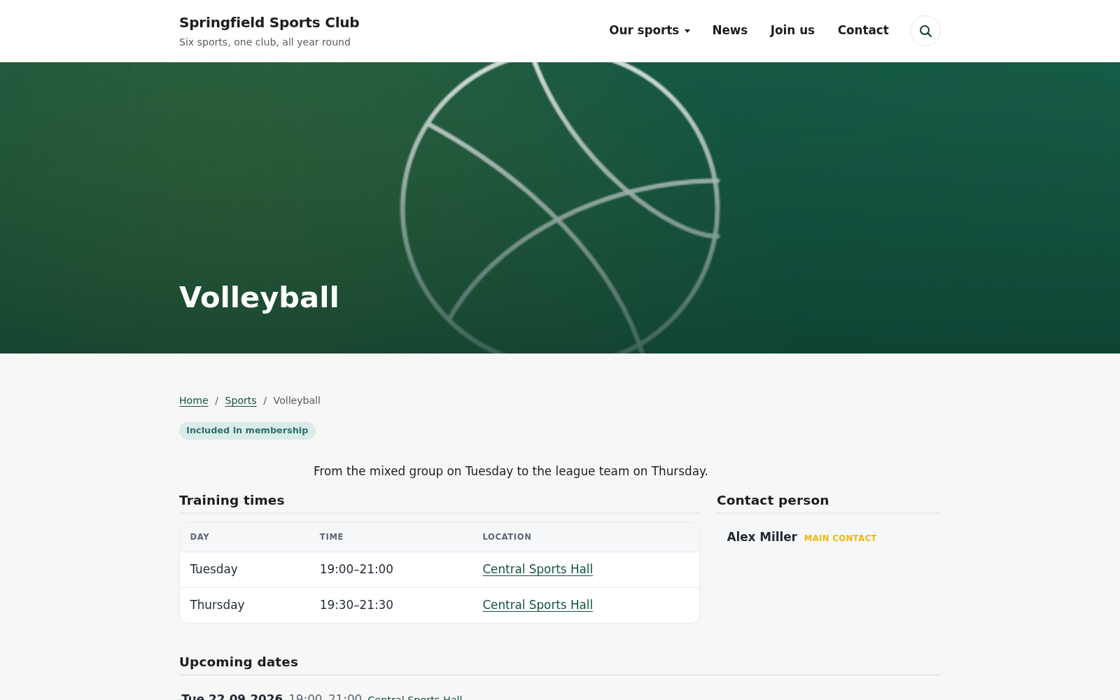 One sport with the plugin active: header image, training times, contact person and upcoming dates.