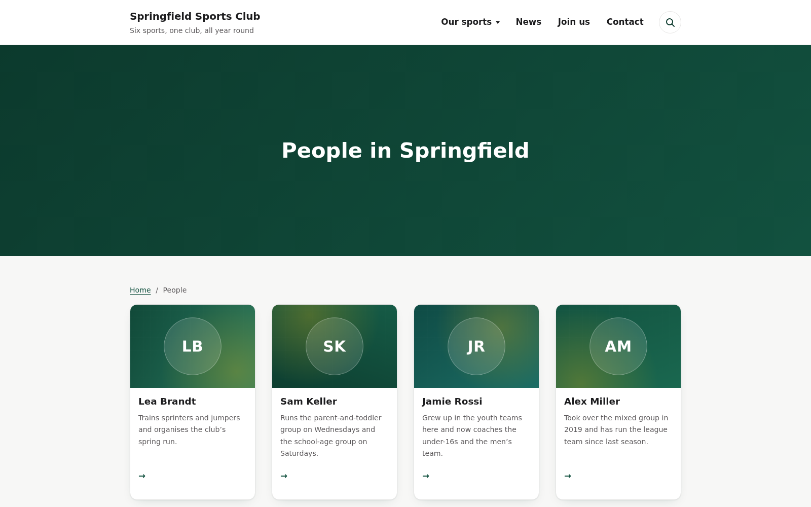 Coaches as cards. Any public post type gets this treatment, not just the ones the plugin brings.