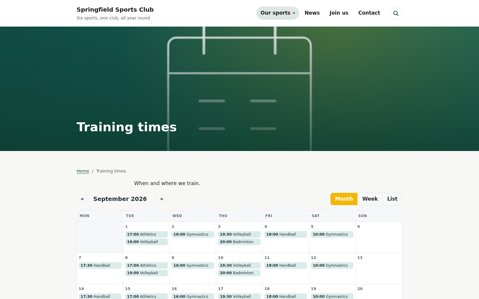 The club calendar on a normal page, as a month view.