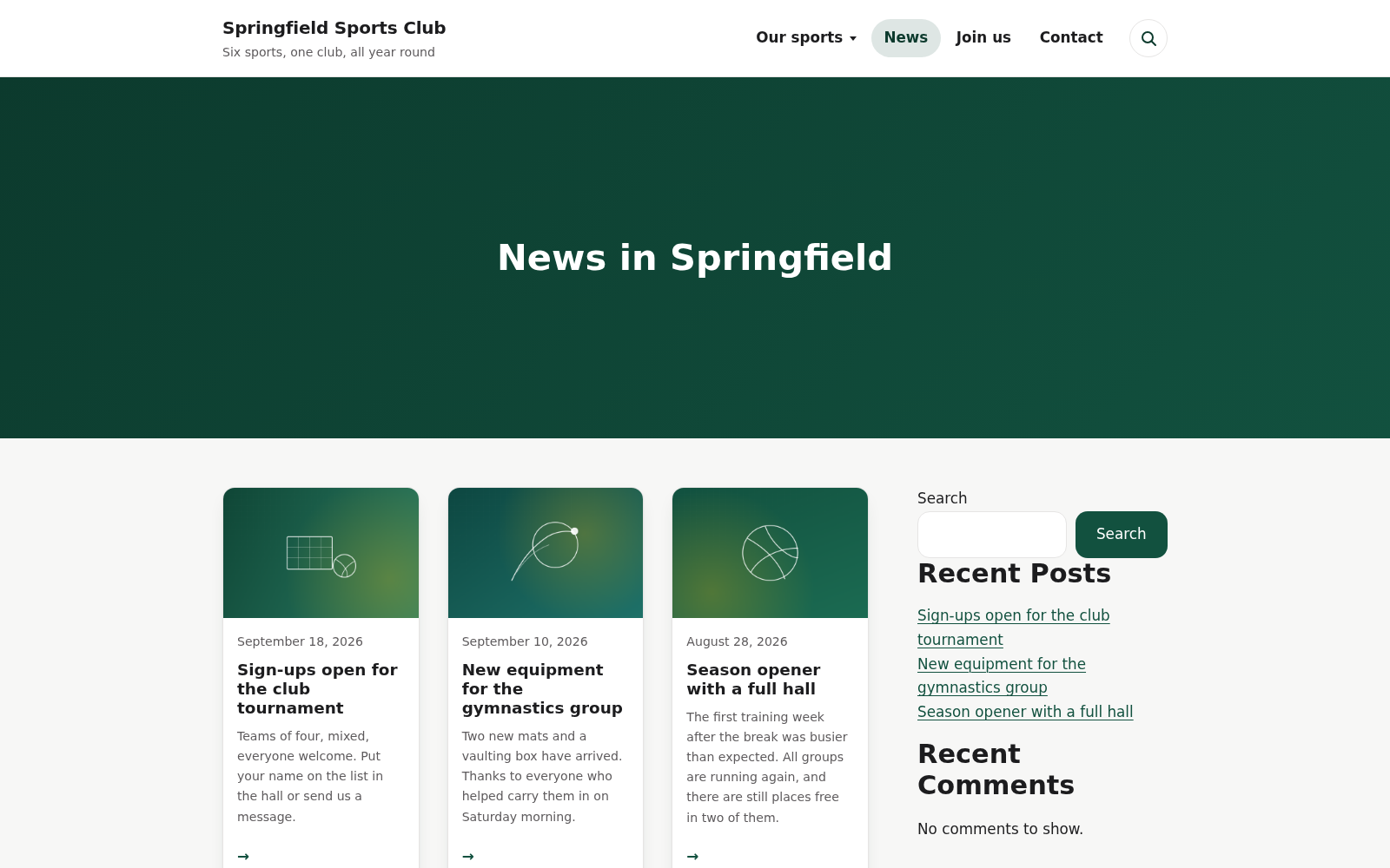 The blog with its sidebar and the footer widgets.
